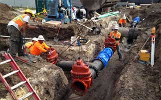 workers laying underground utility lines